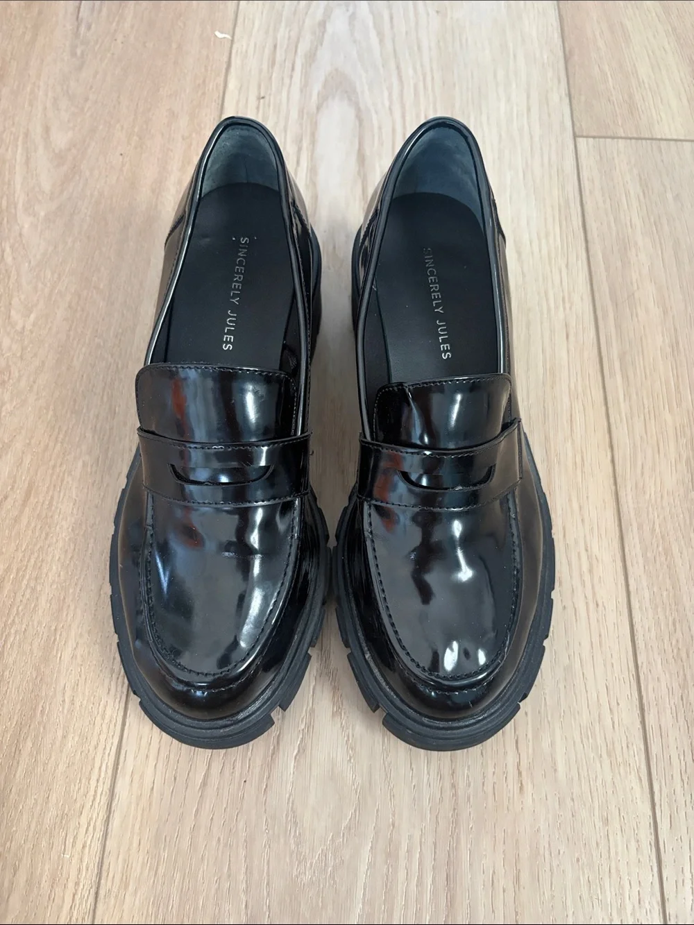 Sincerly Jules Black Patent Penny Loafers with Lug Sole
